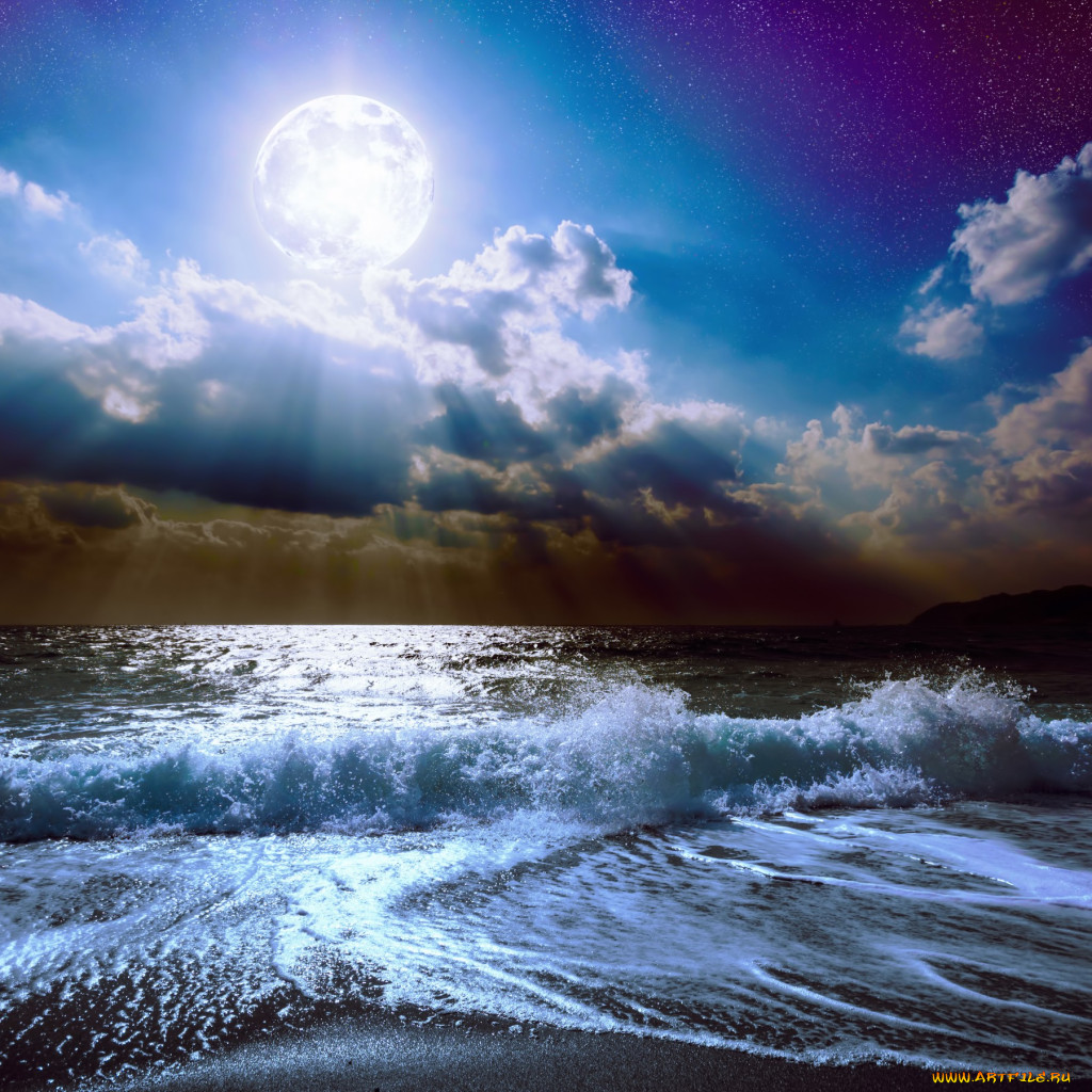 Обои Природа Стихия, обои для рабочего стола, фотографии природа, стихия,  full, moon, sky, sea, ocean, waves, beautiful, nature, луна, лунный, свет,  ночь, пейзаж, облака, полная, небо, море, океан, волны, красивая Обои для